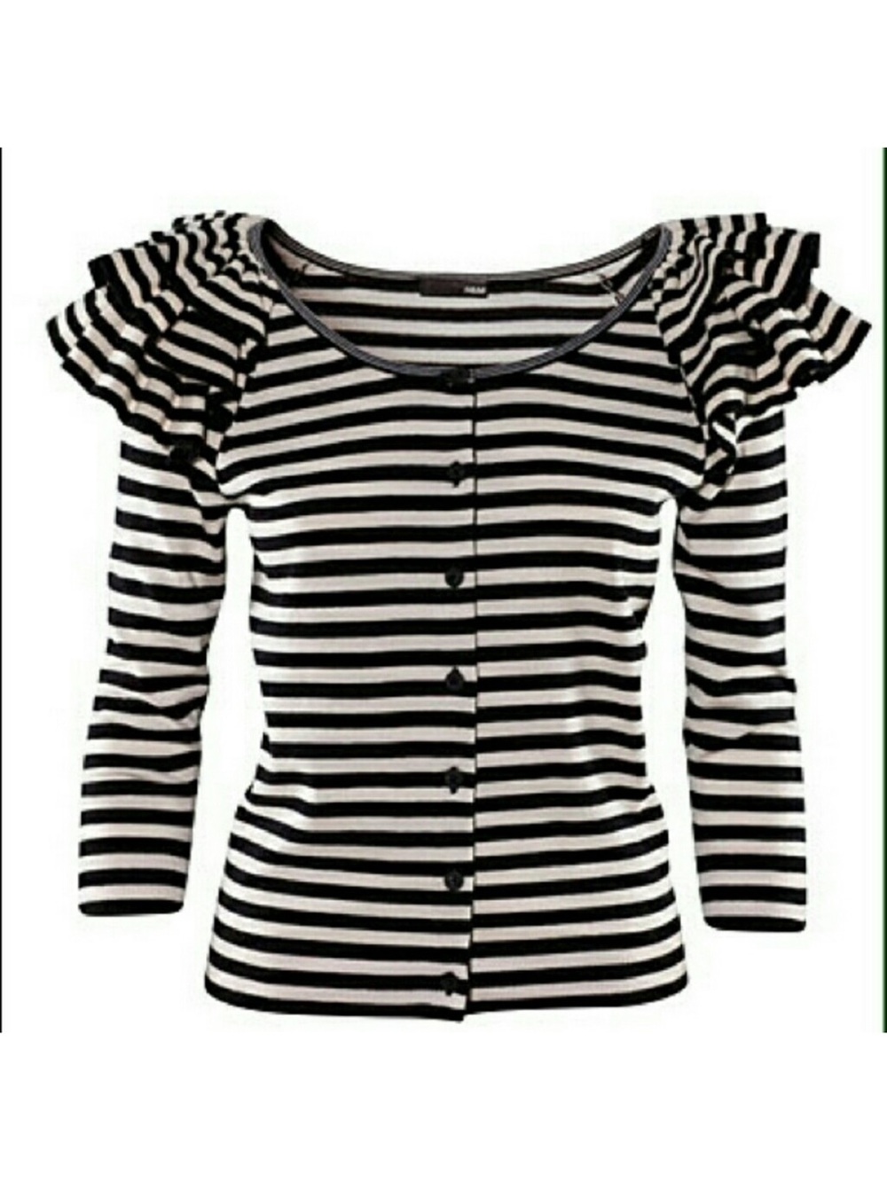 H&M black and cream Stripe Ruffle shoulder Cardigan Sz Sm